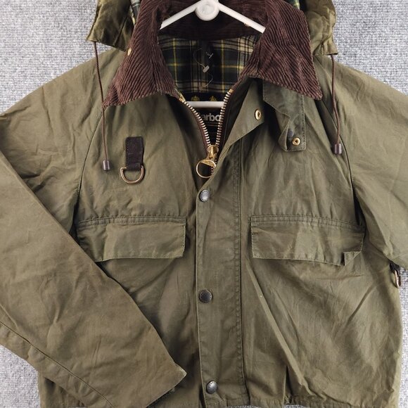 Barbour A130 SPEY Wax Jacket Green Small Flannel Lined Corduroy Collar Hooded